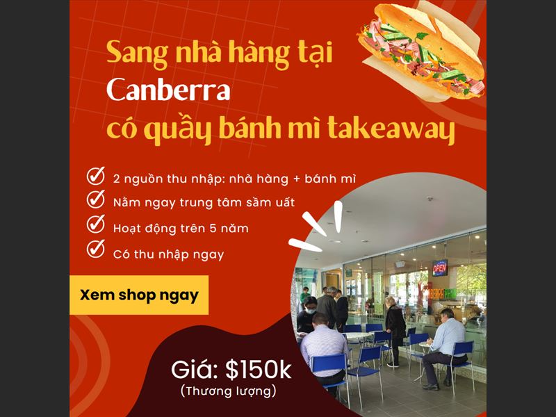 Sang nhà hàng 40 chỗ ngồi có quầy bánh mì takeaway tại Canberra